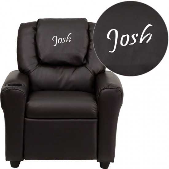 Personalized Brown LeatherSoft Kids Recliner with Cup Holder and Headrest