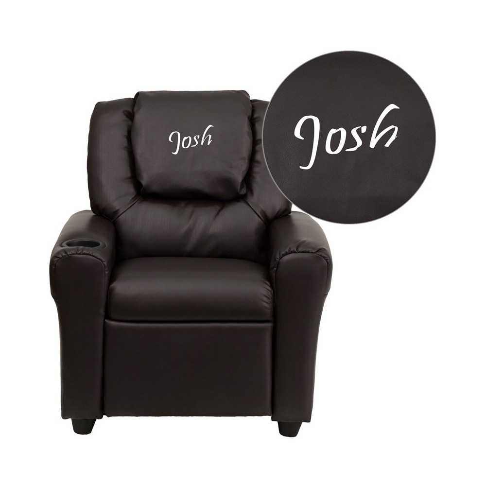 Personalized Brown LeatherSoft Kids Recliner with Cup Holder and Headrest