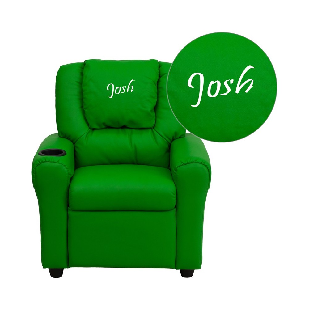 Personalized Green Vinyl Kids Recliner with Cup Holder and Headrest