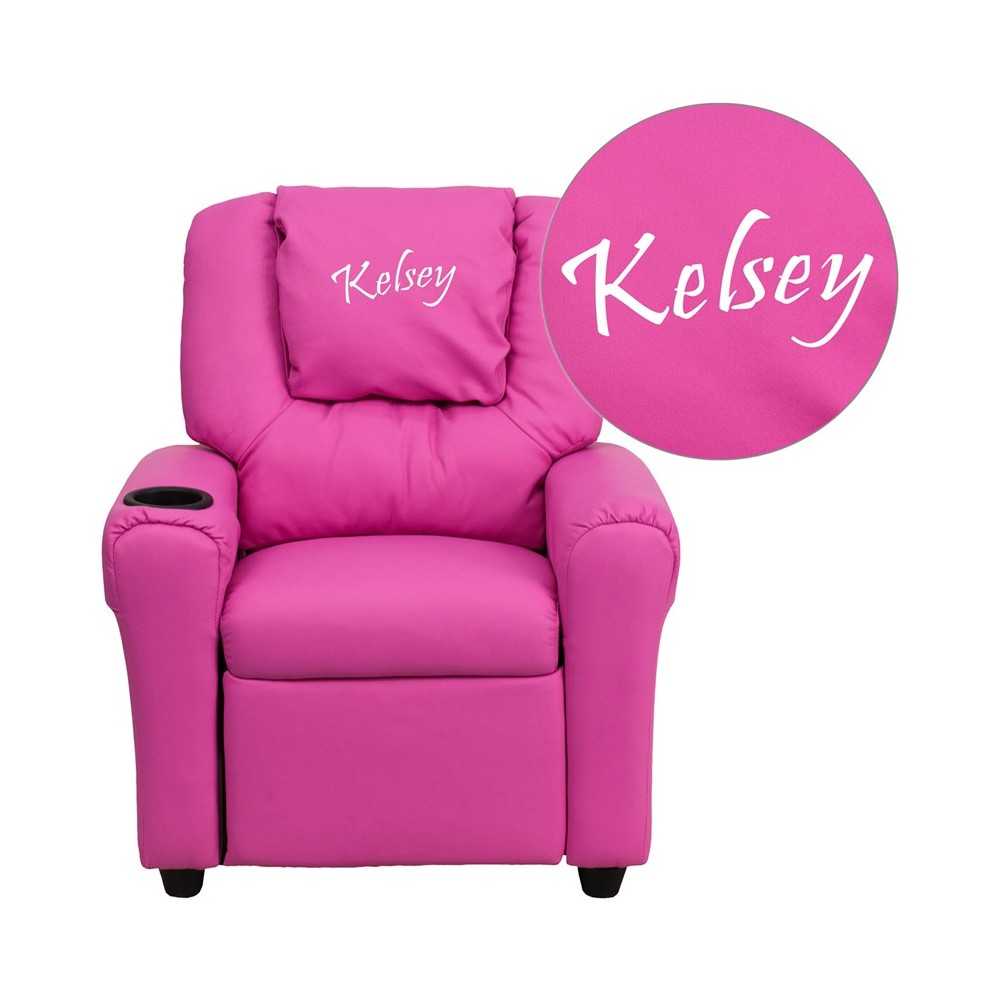 Personalized Hot Pink Vinyl Kids Recliner with Cup Holder and Headrest