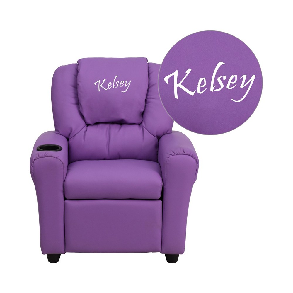 Personalized Lavender Vinyl Kids Recliner with Cup Holder and Headrest