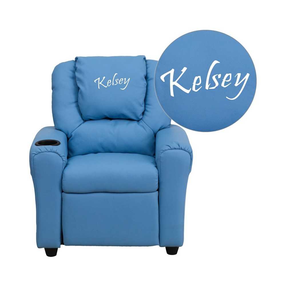 Personalized Light Blue Vinyl Kids Recliner with Cup Holder and Headrest