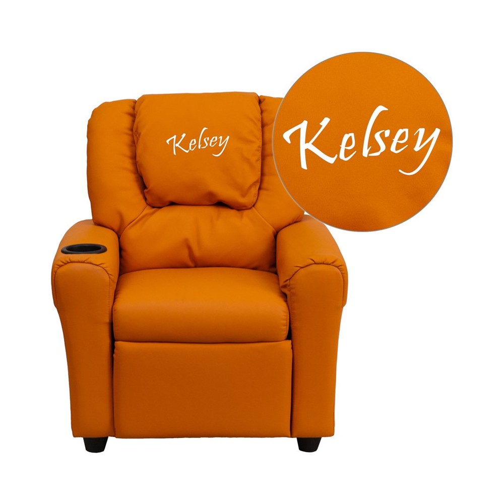 Personalized Orange Vinyl Kids Recliner with Cup Holder and Headrest