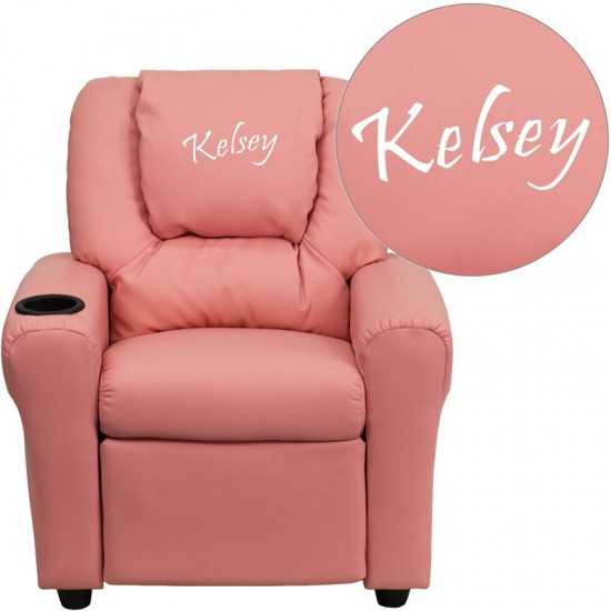 Personalized Pink Vinyl Kids Recliner with Cup Holder and Headrest