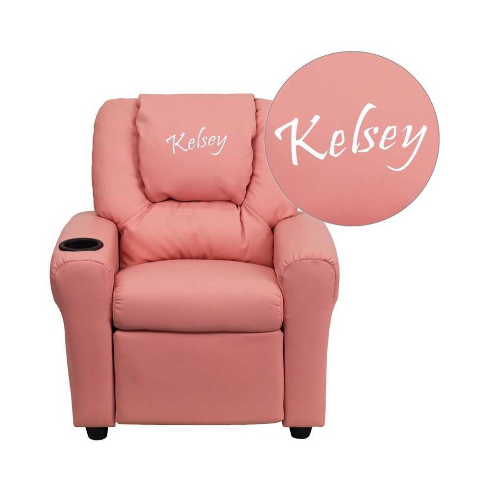Personalized Pink Vinyl Kids Recliner with Cup Holder and Headrest