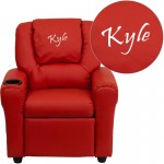 Personalized Red Vinyl Kids Recliner with Cup Holder and Headrest