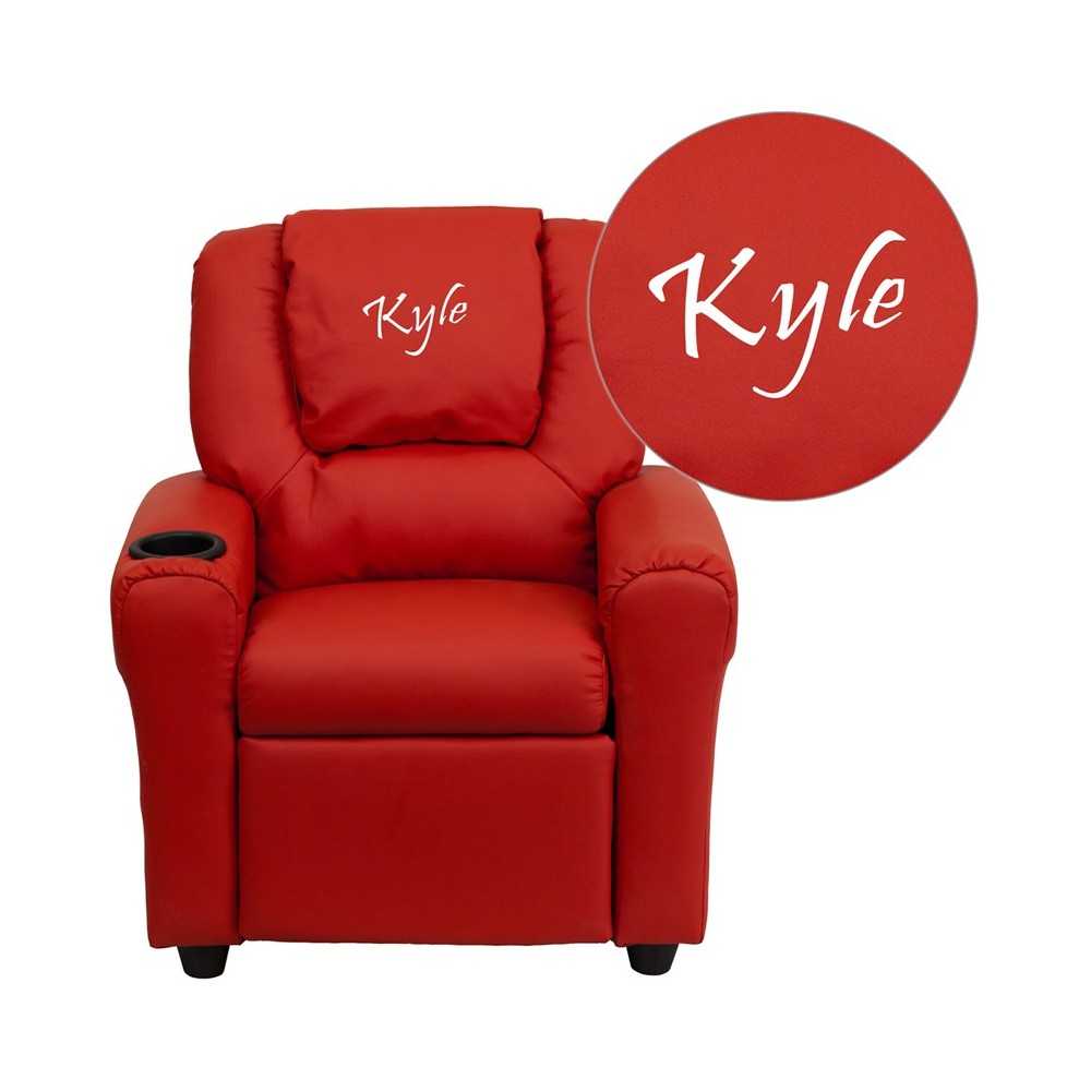 Personalized Red Vinyl Kids Recliner with Cup Holder and Headrest