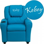 Personalized Turquoise Vinyl Kids Recliner with Cup Holder and Headrest