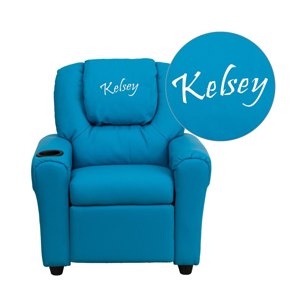 Personalized Turquoise Vinyl Kids Recliner with Cup Holder and Headrest