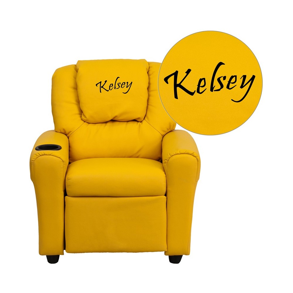 Personalized Yellow Vinyl Kids Recliner with Cup Holder and Headrest