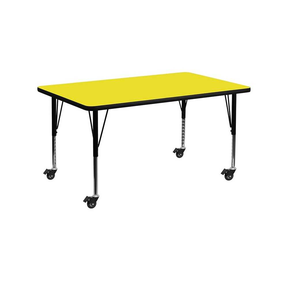 Mobile 30''W x 60''L Rectangular Yellow HP Laminate Activity Table - Height Adjustable Short Legs