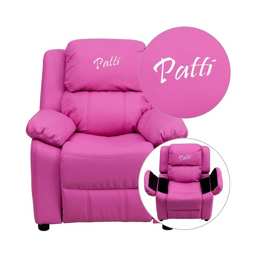 Personalized Deluxe Padded Hot Pink Vinyl Kids Recliner with Storage Arms