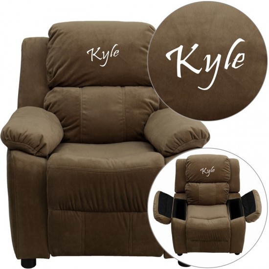 Personalized Deluxe Padded Brown Microfiber Kids Recliner with Storage Arms