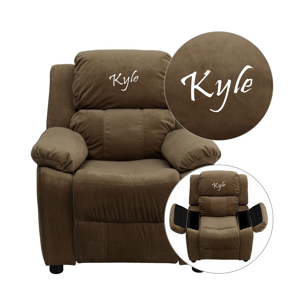 Personalized Deluxe Padded Brown Microfiber Kids Recliner with Storage Arms