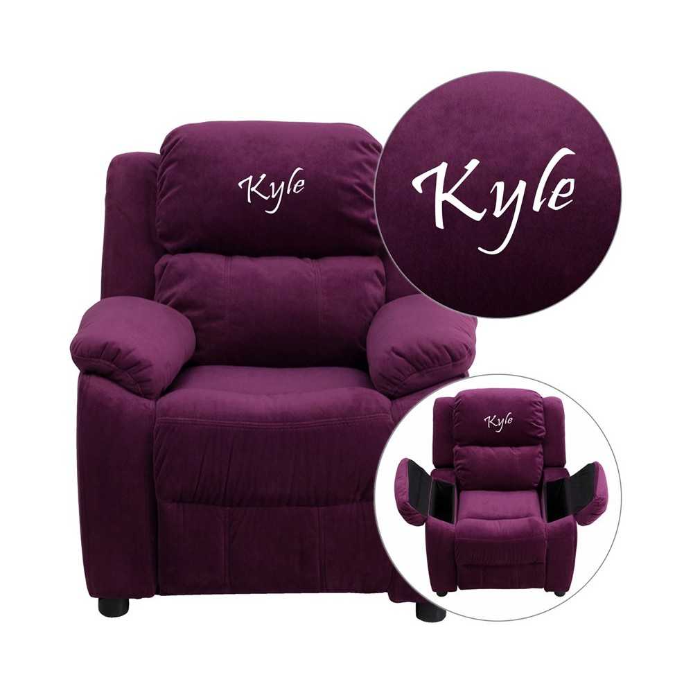 Personalized Deluxe Padded Purple Microfiber Kids Recliner with Storage Arms