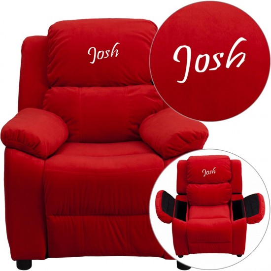 Personalized Deluxe Padded Red Microfiber Kids Recliner with Storage Arms