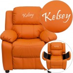 Personalized Deluxe Padded Orange Vinyl Kids Recliner with Storage Arms