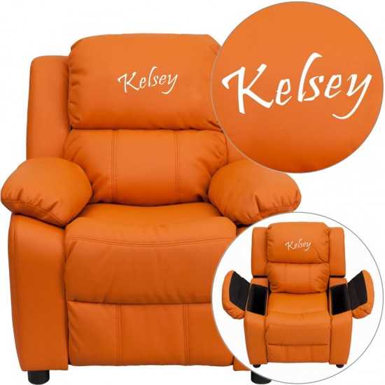 Personalized Deluxe Padded Orange Vinyl Kids Recliner with Storage Arms