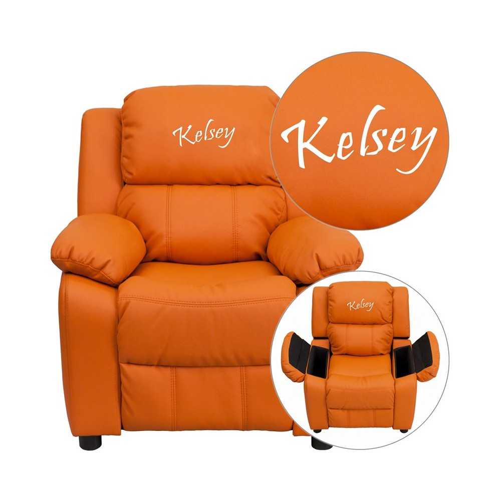 Personalized Deluxe Padded Orange Vinyl Kids Recliner with Storage Arms