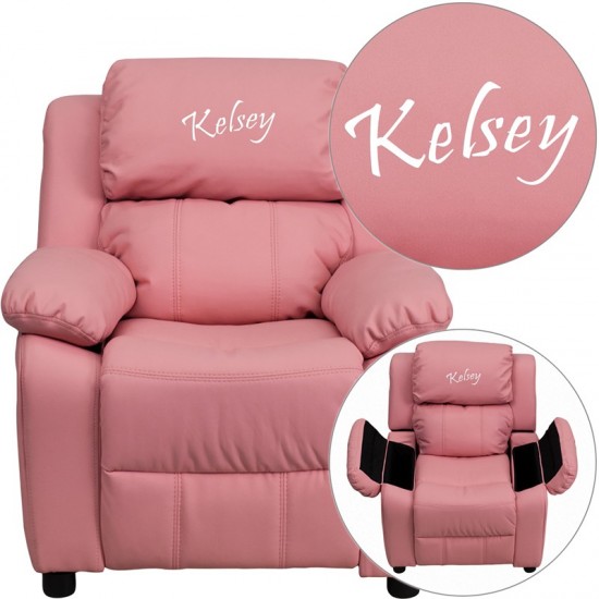 Personalized Deluxe Padded Pink Vinyl Kids Recliner with Storage Arms