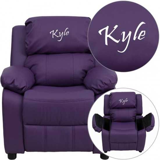 Personalized Deluxe Padded Purple Vinyl Kids Recliner with Storage Arms