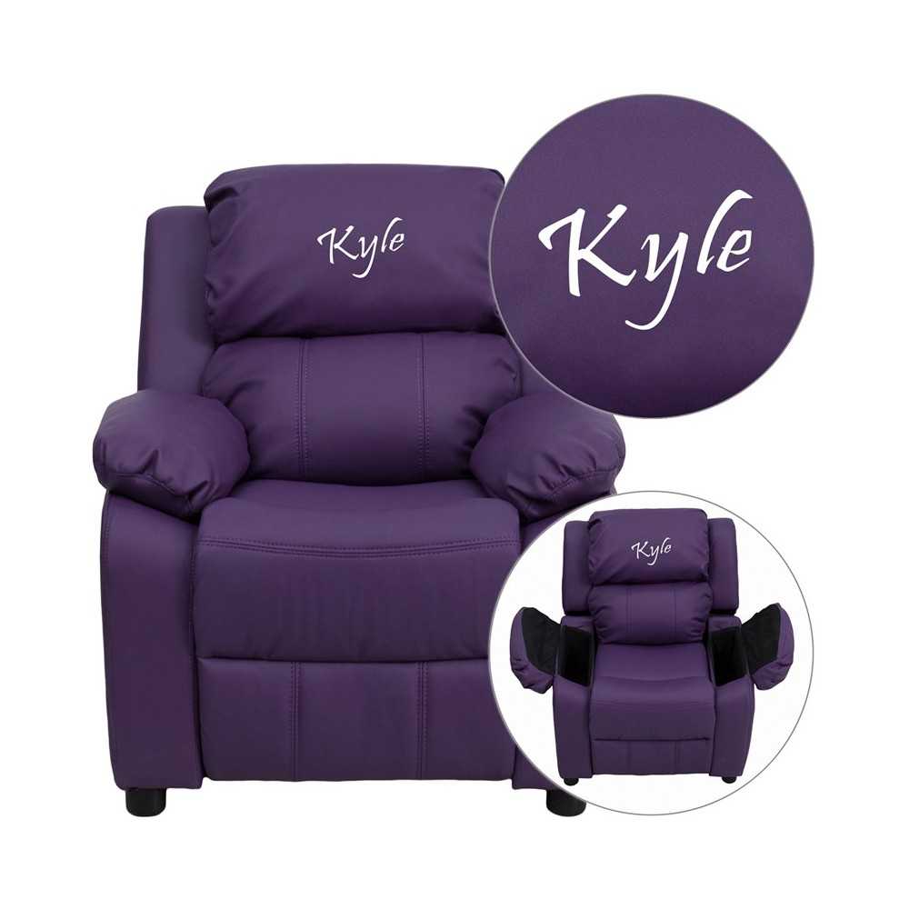 Personalized Deluxe Padded Purple Vinyl Kids Recliner with Storage Arms