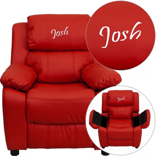 Personalized Deluxe Padded Red Vinyl Kids Recliner with Storage Arms