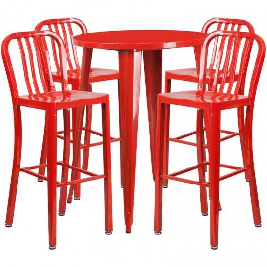 Commercial Grade 30" Round Red Metal Indoor-Outdoor Bar Table Set with 4 Vertical Slat Back Stools