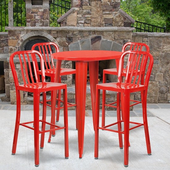 Commercial Grade 30" Round Red Metal Indoor-Outdoor Bar Table Set with 4 Vertical Slat Back Stools