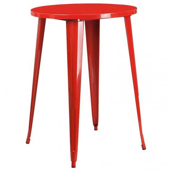 Commercial Grade 30" Round Red Metal Indoor-Outdoor Bar Table Set with 4 Vertical Slat Back Stools