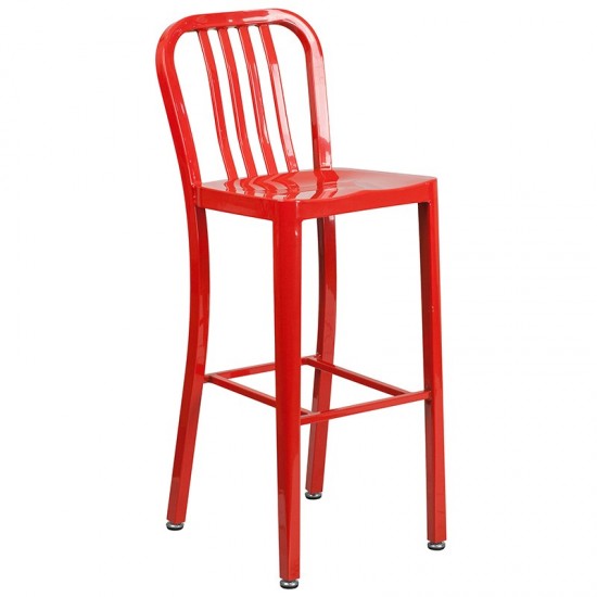 Commercial Grade 30" Round Red Metal Indoor-Outdoor Bar Table Set with 4 Vertical Slat Back Stools