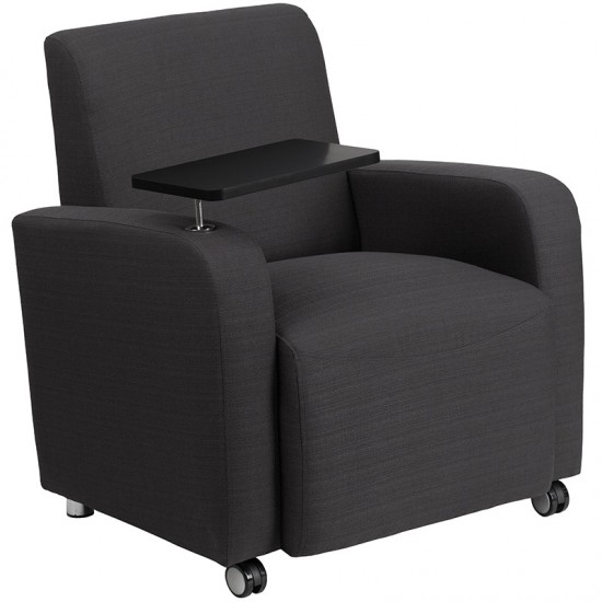 Gray Fabric Guest Chair with Tablet Arm and Front Wheel Casters