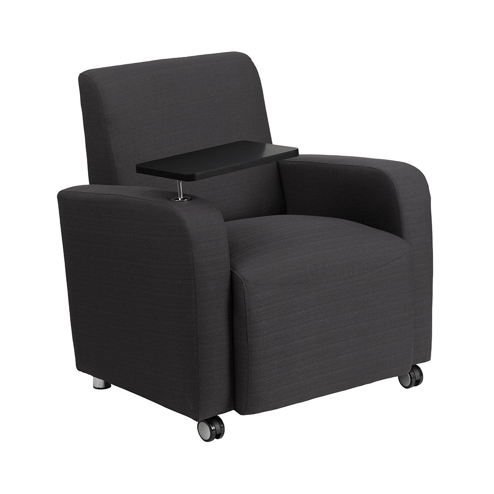 Gray Fabric Guest Chair with Tablet Arm and Front Wheel Casters