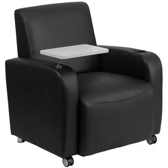 Black LeatherSoft Guest Chair with Tablet Arm, Front Wheel Casters and Cup Holder