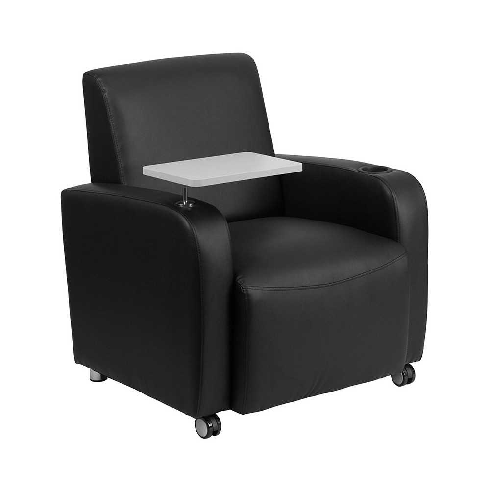 Black LeatherSoft Guest Chair with Tablet Arm, Front Wheel Casters and Cup Holder