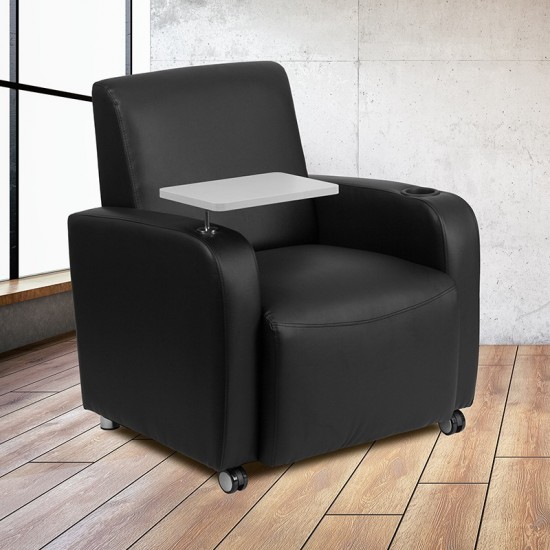 Black LeatherSoft Guest Chair with Tablet Arm, Front Wheel Casters and Cup Holder