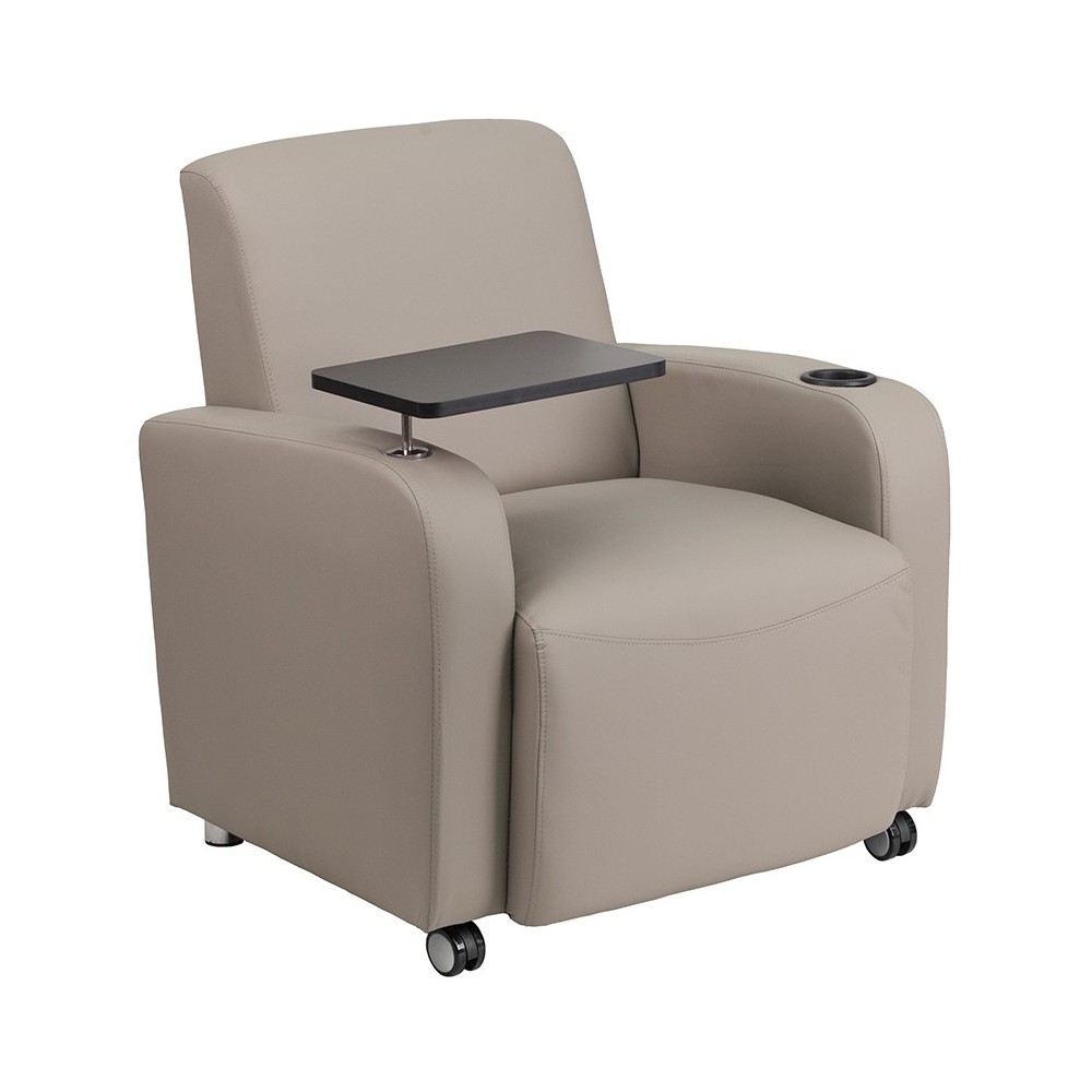 Gray LeatherSoft Guest Chair with Tablet Arm, Front Wheel Casters and Cup Holder