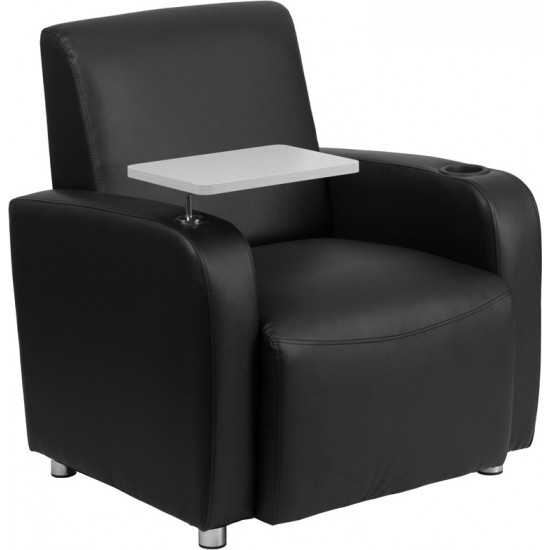 Black LeatherSoft Guest Chair with Tablet Arm, Chrome Legs and Cup Holder