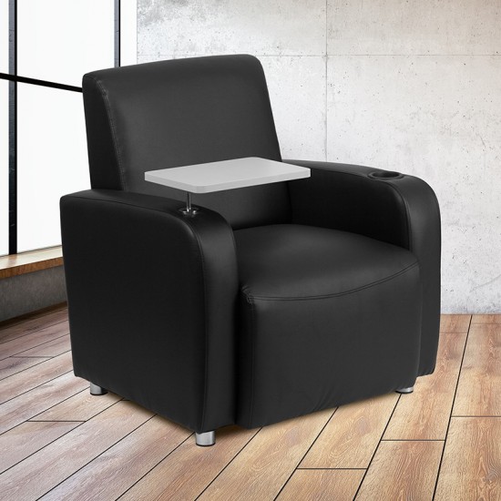 Black LeatherSoft Guest Chair with Tablet Arm, Chrome Legs and Cup Holder