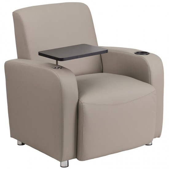 Gray LeatherSoft Guest Chair with Tablet Arm, Chrome Legs and Cup Holder