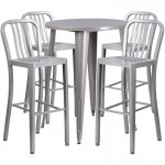 Commercial Grade 30" Round Silver Metal Indoor-Outdoor Bar Table Set with 4 Vertical Slat Back Stools