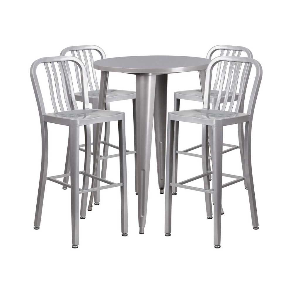 Commercial Grade 30" Round Silver Metal Indoor-Outdoor Bar Table Set with 4 Vertical Slat Back Stools