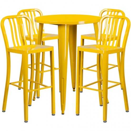 Commercial Grade 30" Round Yellow Metal Indoor-Outdoor Bar Table Set with 4 Vertical Slat Back Stools