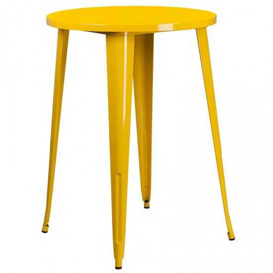 Commercial Grade 30" Round Yellow Metal Indoor-Outdoor Bar Table Set with 4 Vertical Slat Back Stools