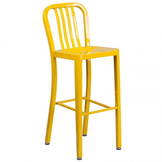 Commercial Grade 30" Round Yellow Metal Indoor-Outdoor Bar Table Set with 4 Vertical Slat Back Stools