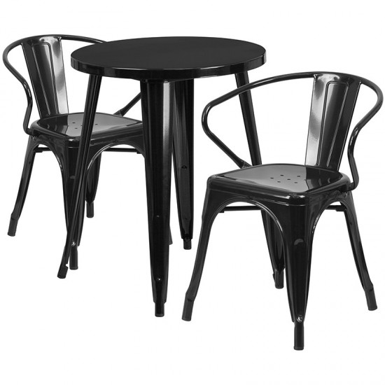 Commercial Grade 24" Round Black Metal Indoor-Outdoor Table Set with 2 Arm Chairs