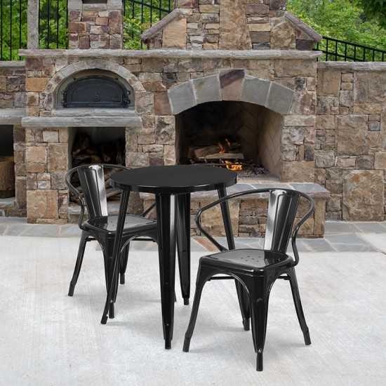 Commercial Grade 24" Round Black Metal Indoor-Outdoor Table Set with 2 Arm Chairs