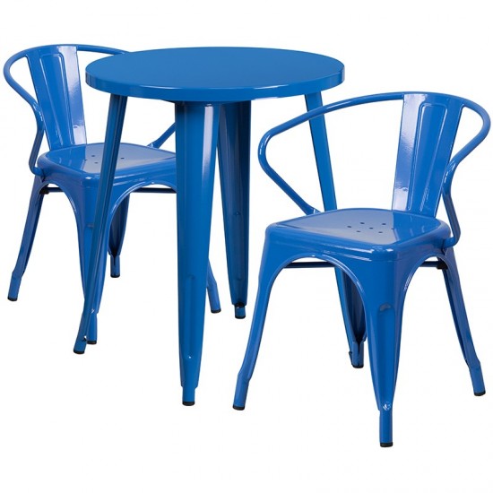 Commercial Grade 24" Round Blue Metal Indoor-Outdoor Table Set with 2 Arm Chairs