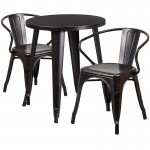 Commercial Grade 24" Round Black-Antique Gold Metal Indoor-Outdoor Table Set with 2 Arm Chairs