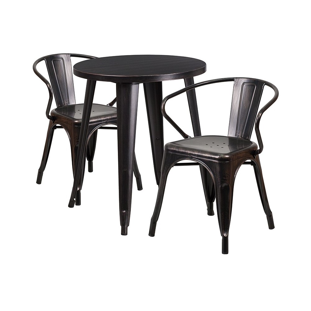 Commercial Grade 24" Round Black-Antique Gold Metal Indoor-Outdoor Table Set with 2 Arm Chairs